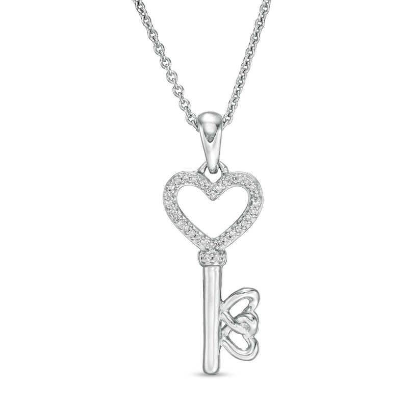 Main Image 1 of 1/20 CT. T.W. Diamond Heart-Top Key Pendant in Sterling Silver