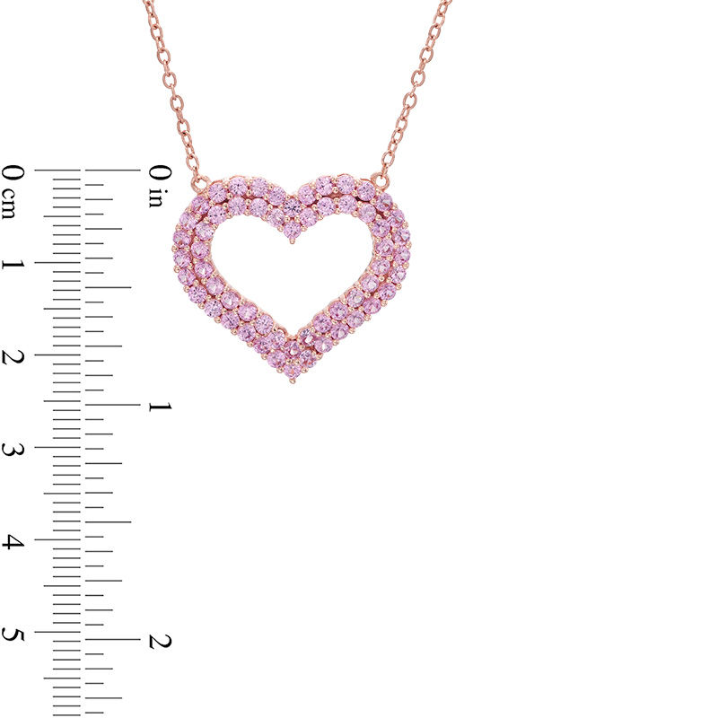 Main Image 2 of Lab-Created Pink Sapphire Double Row Heart Necklace in Sterling Silver with 18K Rose Gold Plate - 20"