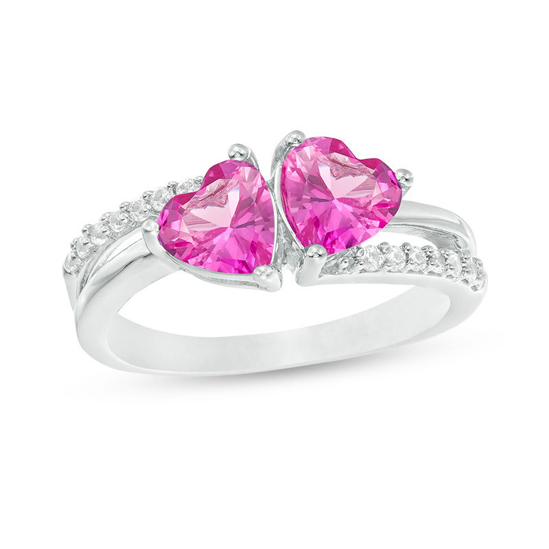 Main Image 1 of 6.0mm Heart-Shaped Lab-Created Pink and White Sapphire Split Shank Ring in Sterling Silver