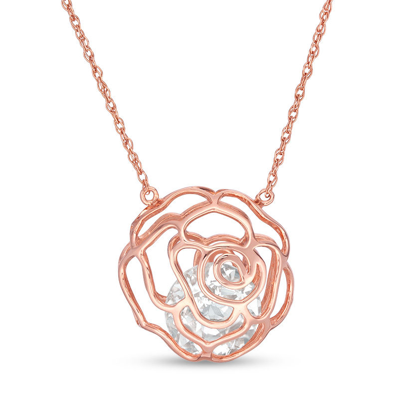 10.0mm Lab-Created White Sapphire Rose Cage Necklace in Sterling Silver with 18K Rose Gold Plate
