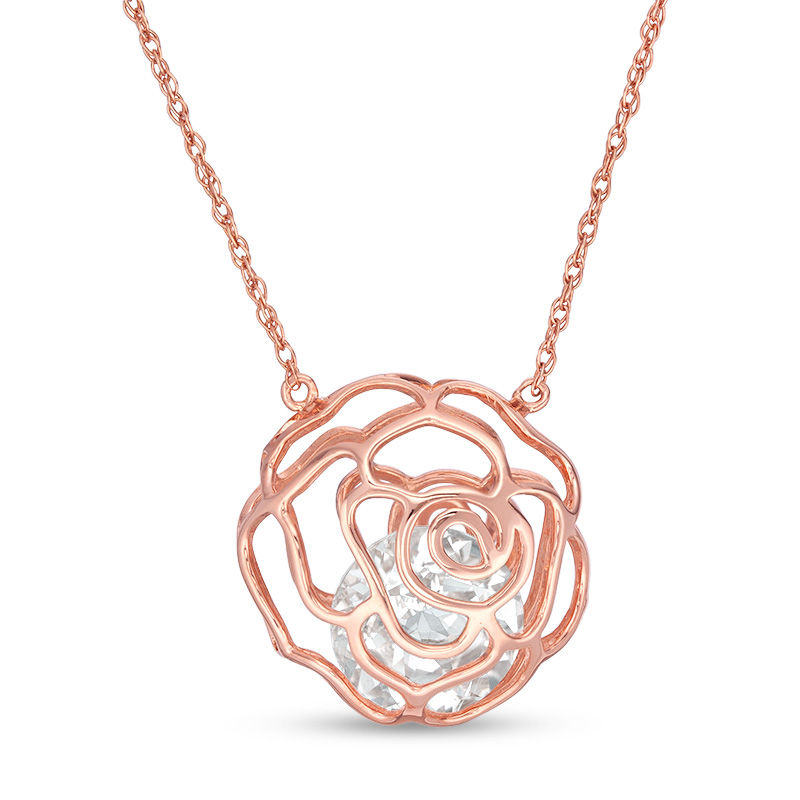 Main Image 1 of 10.0mm Lab-Created White Sapphire Rose Cage Necklace in Sterling Silver with 18K Rose Gold Plate