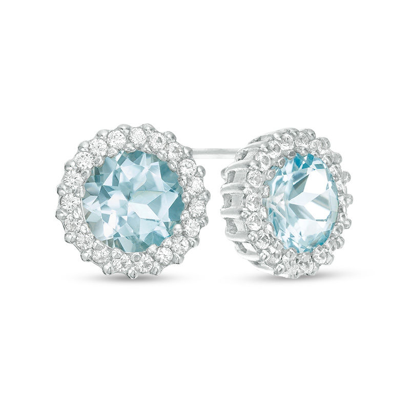 7.0mm Blue Topaz and Lab-Created White Sapphire Frame Stud Earrings in Sterling Silver