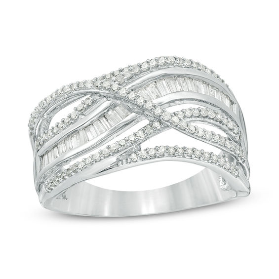 1/2 CT. T.W.  Baguette and Round Diamond Crossover Multi-Row Ring in Sterling Silver - Size 7