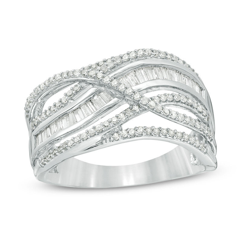 1/2 CT. T.W.  Baguette and Round Diamond Crossover Multi-Row Ring in Sterling Silver