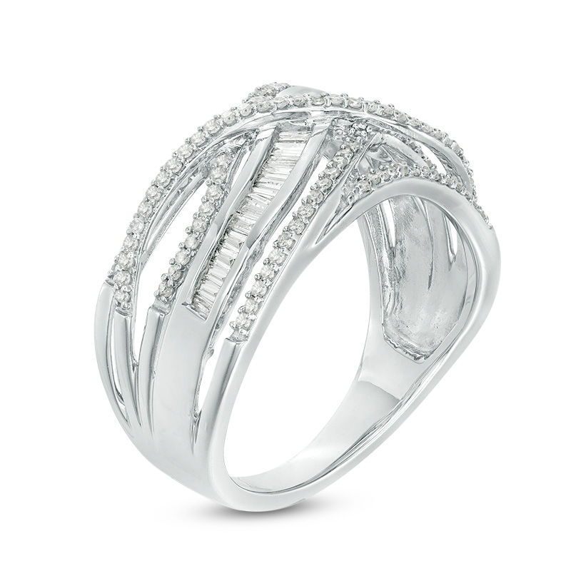 1/2 CT. T.W.  Baguette and Round Diamond Crossover Multi-Row Ring in Sterling Silver