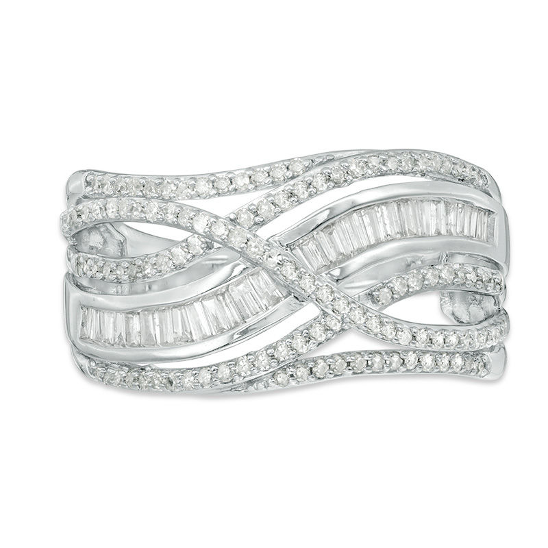 1/2 CT. T.W.  Baguette and Round Diamond Crossover Multi-Row Ring in Sterling Silver