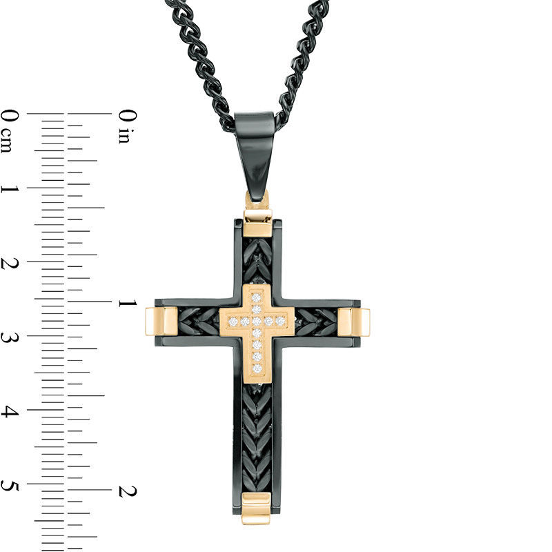 Main Image 3 of Men’s 1/20 CT. T.W. Diamond Double Cross Pendant in Stainless Steel with Black and Yellow IP - 24&quot;