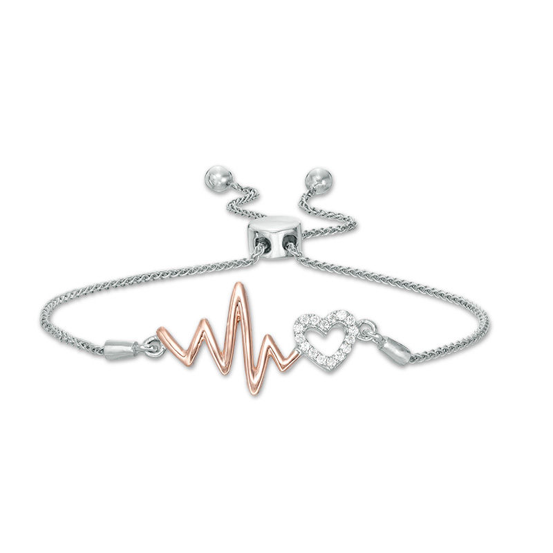 Main Image 1 of 1/20 CT. T.W. Diamond Heartbeat and Heart Bolo Bracelet in Sterling Silver and 10K Rose Gold - 9.5"