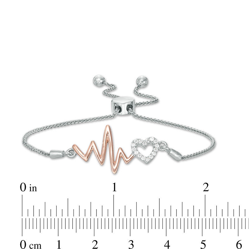 Main Image 2 of 1/20 CT. T.W. Diamond Heartbeat and Heart Bolo Bracelet in Sterling Silver and 10K Rose Gold - 9.5"