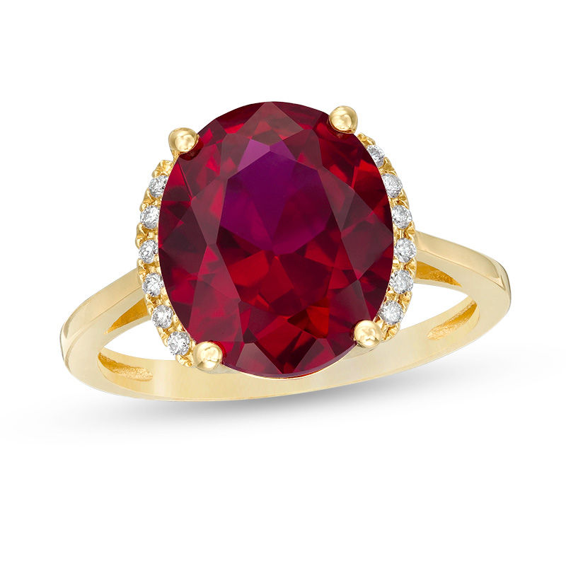 Main Image 1 of Oval Lab-Created Ruby and 1/15 CT. T.W. Diamond Collar Ring in 10K Gold