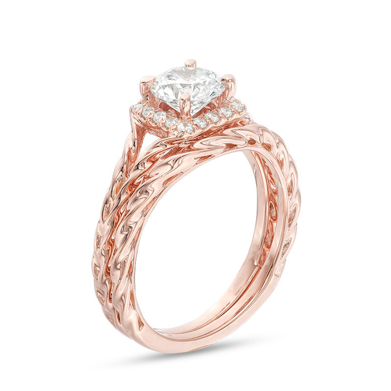 Main Image 3 of 1-1/6 CT. T.W. Diamond Square Frame Twist Rope Bridal Set in 14K Rose Gold