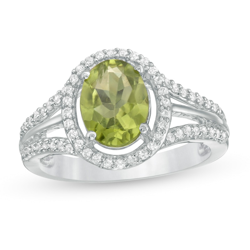 Oval Peridot and Lab-Created White Sapphire Frame Split Shank Ring in Sterling Silver