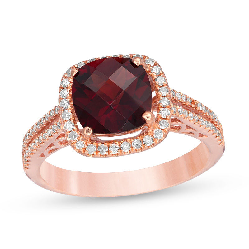 Cushion-Cut Garnet and Lab-Created White Sapphire Frame Ring in Sterling Silver with 14K Rose Gold Plate