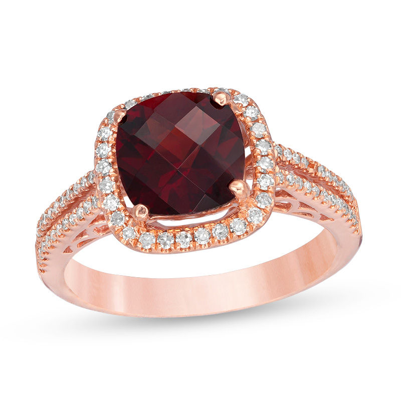 Main Image 1 of Cushion-Cut Garnet and Lab-Created White Sapphire Frame Ring in Sterling Silver with 14K Rose Gold Plate