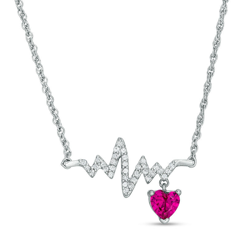 Main Image 1 of Lab-Created Ruby and White Sapphire Heartbeat and Heart Necklace in Sterling Silver