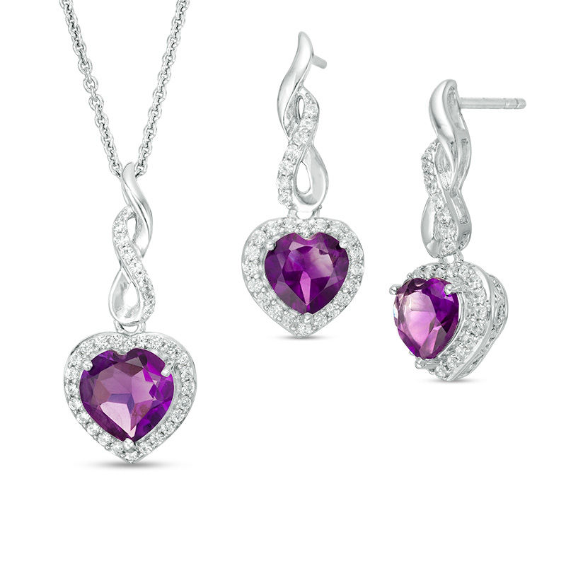 Main Image 1 of Heart-Shaped Amethyst and Lab-Created White Sapphire Infinity Drop Pendant and Earrings Set in Sterling Silver