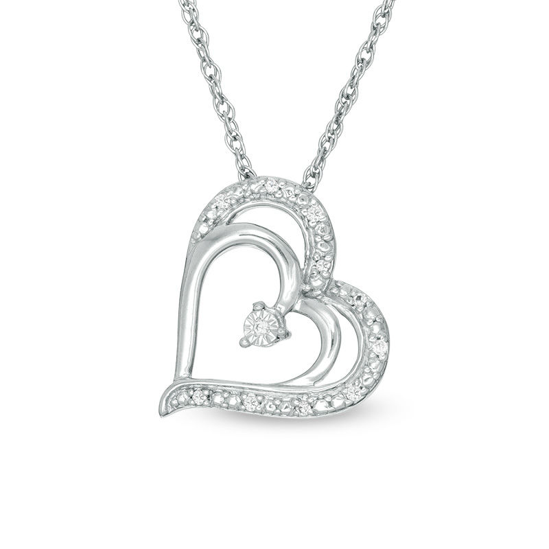 Diamond Accent Offset Heart Pendant in 10K White Gold