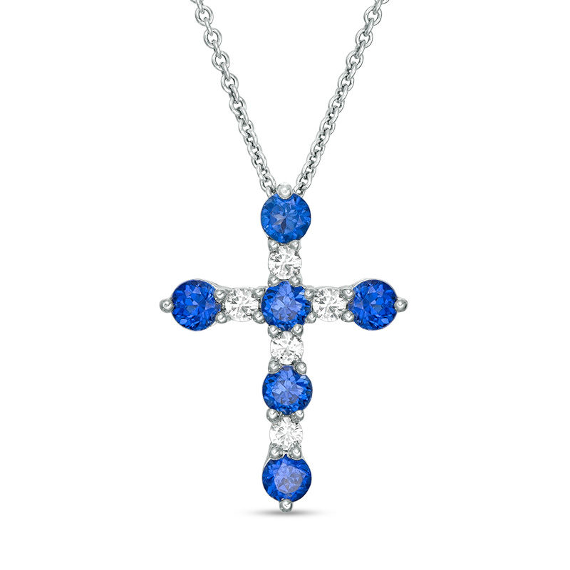 Main Image 1 of Lab-Created Blue and White Sapphire Cross Pendant in Sterling Silver