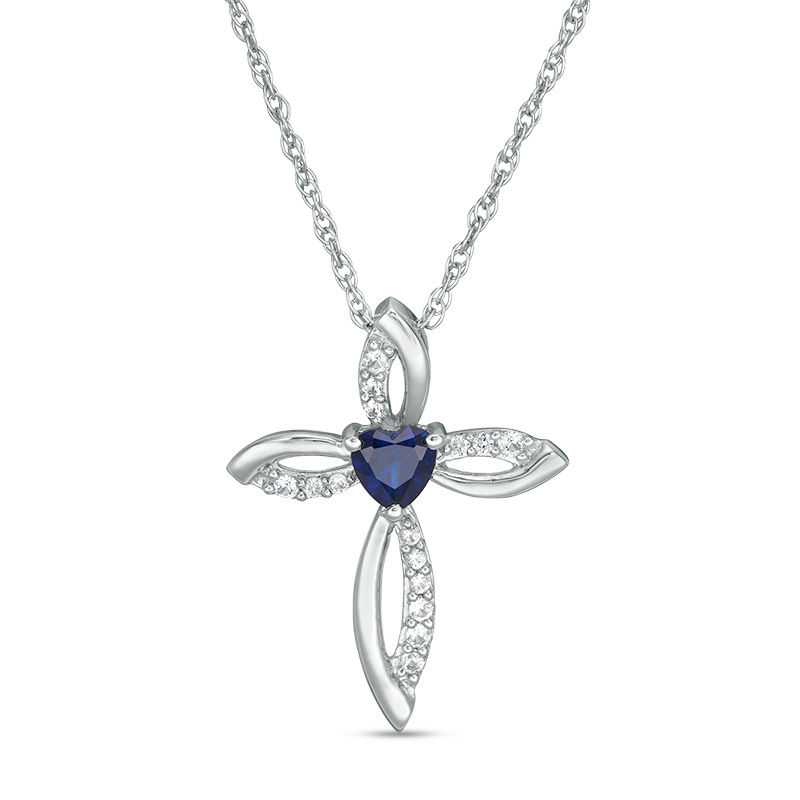 Main Image 1 of Heart-Shaped Lab-Created Blue and White Sapphire Loop Cross Pendant in Sterling Silver