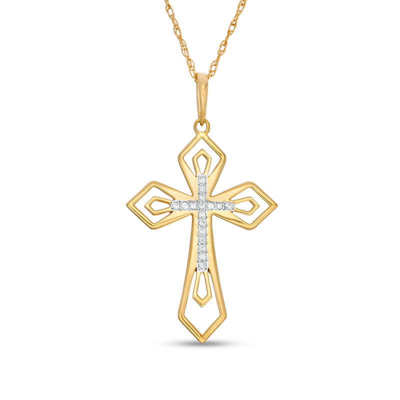 Main Image 1 of 1/20 CT. T.W. Diamond Gothic-Style Cross Pendant in 10K Gold