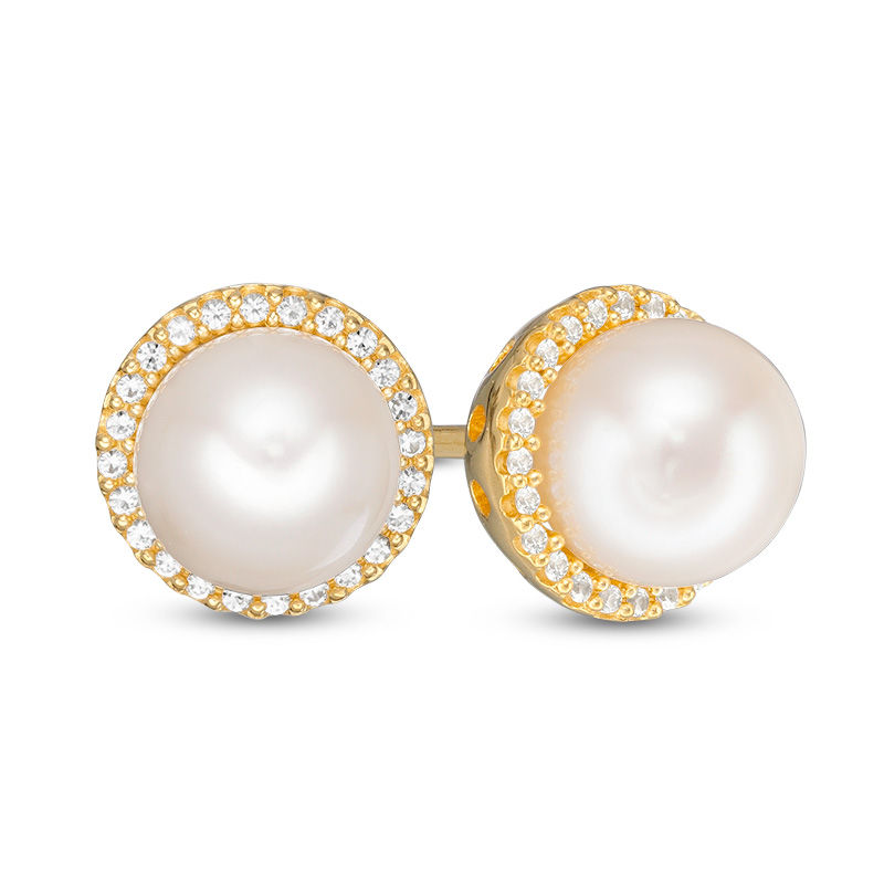 Main Image 1 of Freshwater Cultured Pearl and Lab-Created White Sapphire Frame Stud Earrings in Sterling Silver with 14K Gold Plate