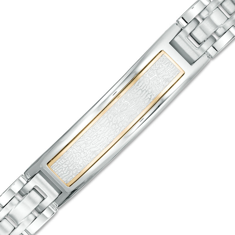 Main Image 1 of Men’s Textured ID Bracelet in Stainless Steel and Yellow IP - 8.75"