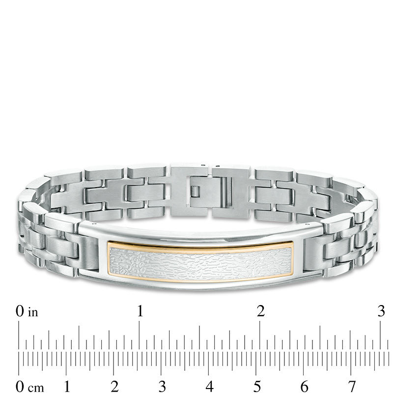 Main Image 3 of Men’s Textured ID Bracelet in Stainless Steel and Yellow IP - 8.75"