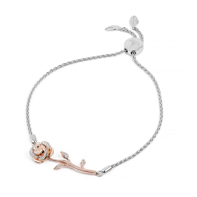 Main Image 1 of Enchanted Disney Belle 1/10 CT. T.W. Diamond Rose Bolo Bracelet in Sterling Silver and 10K Rose Gold - 8.5"