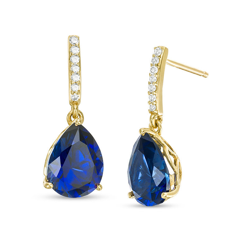 Pear-Shaped Lab-Created Blue Sapphire and 1/15 CT. T.W. Diamond Drop Earrings in 10K Gold