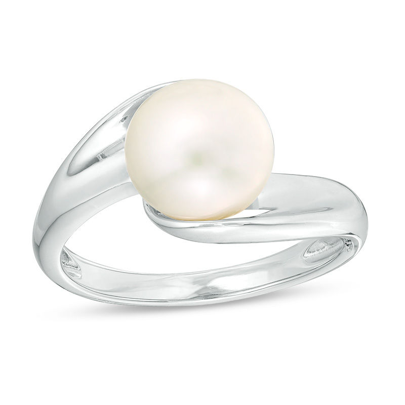 9.0 - 10.0mm Button Culture Freshwater Pearl Swirl Bypass Petal Ring in Sterling Silver