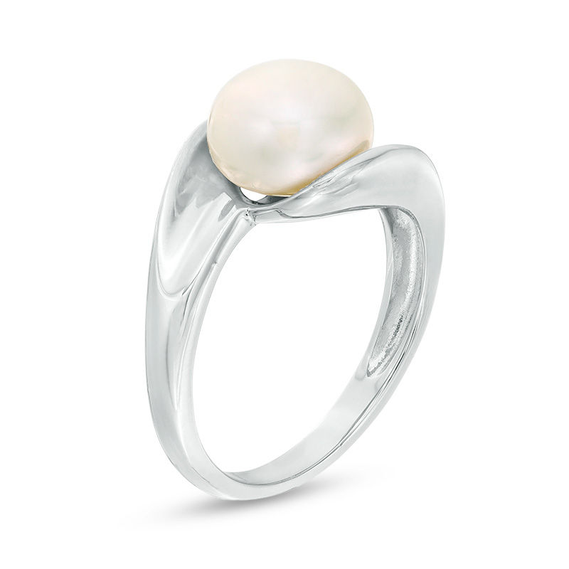 Main Image 2 of 9.0 - 10.0mm Button Culture Freshwater Pearl Swirl Bypass Petal Ring in Sterling Silver