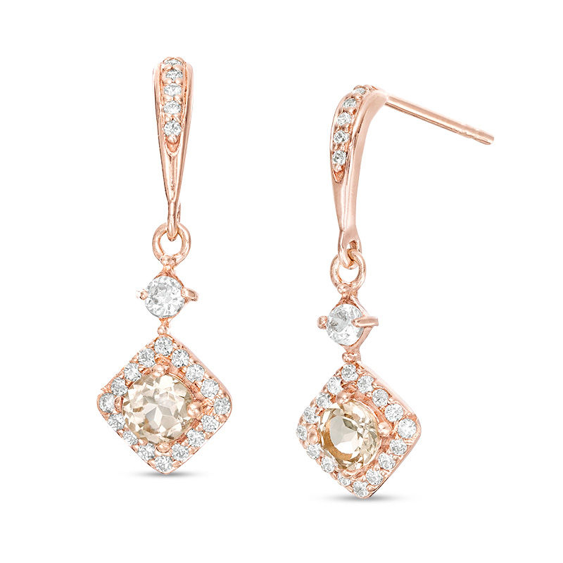Main Image 1 of 4.0mm Morganite and White Topaz Tilted Square Frame Drop Earrings in 10K Rose Gold