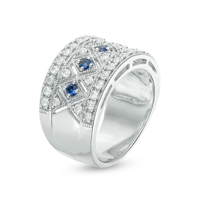 Lab-Created Blue and White Sapphire Vintage-Style Quilt Ring in Sterling Silver