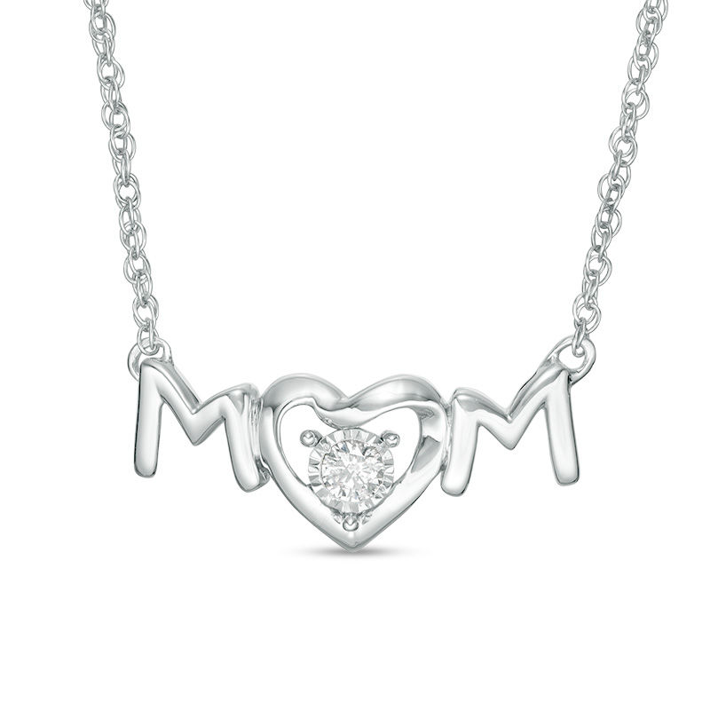 Main Image 1 of 1/15 CT. Diamond Solitaire "MOM" Heart-Shaped Necklace in Sterling Silver