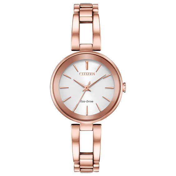 Ladies' Citizen Eco DriveÂ® Axiom Rose Tone Bangle Watch With Silver Tone Dial (model: Em0633 53a)