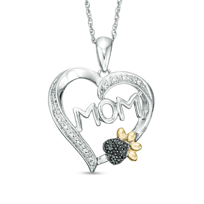 Main Image 1 of 1/20 CT. T.W. Enhanced Black and White Diamond "MOM" with Paw Print Heart Pendant in Sterling Silver and 10K Gold