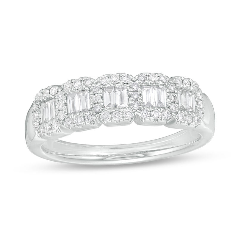 1/2 CT. T.W. Baguette and Round Diamond Band in 10K White Gold