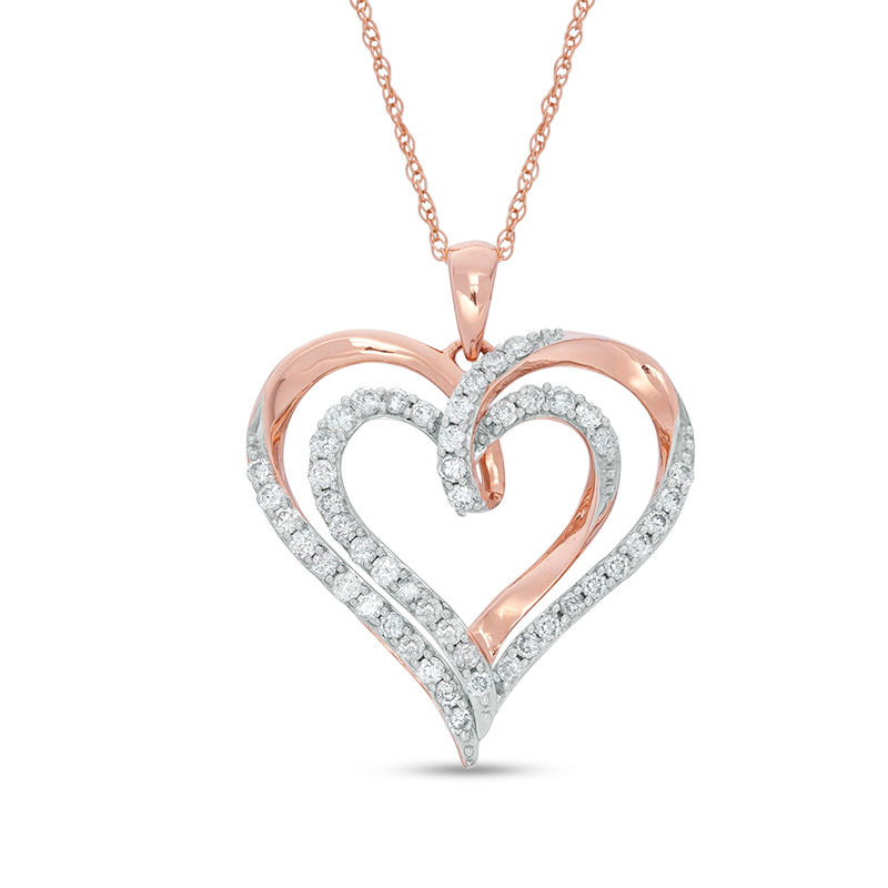 1/2 CT. T.W. Diamond Ribbon Heart Pendant in 10K Rose Gold