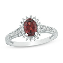 Oval Garnet and Lab-Created White Sapphire Starburst Frame Vintage-Style Ring in Sterling Silver