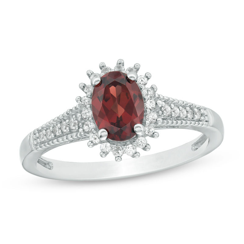 Main Image 1 of Oval Garnet and Lab-Created White Sapphire Starburst Frame Vintage-Style Ring in Sterling Silver
