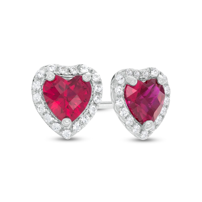 Main Image 1 of 5.0mm Heart-Shaped Lab-Created Ruby and White Sapphire Frame Stud Earrings in Sterling Silver