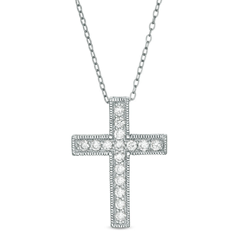 Main Image 1 of Lab-Created White Sapphire Vintage-Style Cross Pendant in Sterling Silver