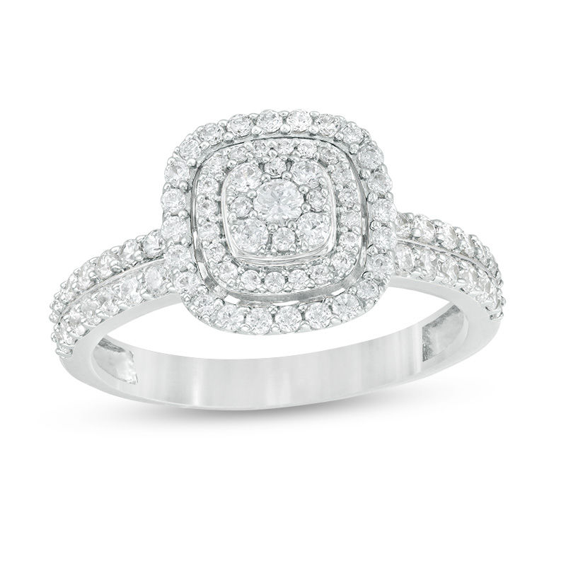 Main Image 1 of 5/8 CT. T.W. Diamond Triple Cushion Frame Two Row Engagement Ring in 10K White Gold