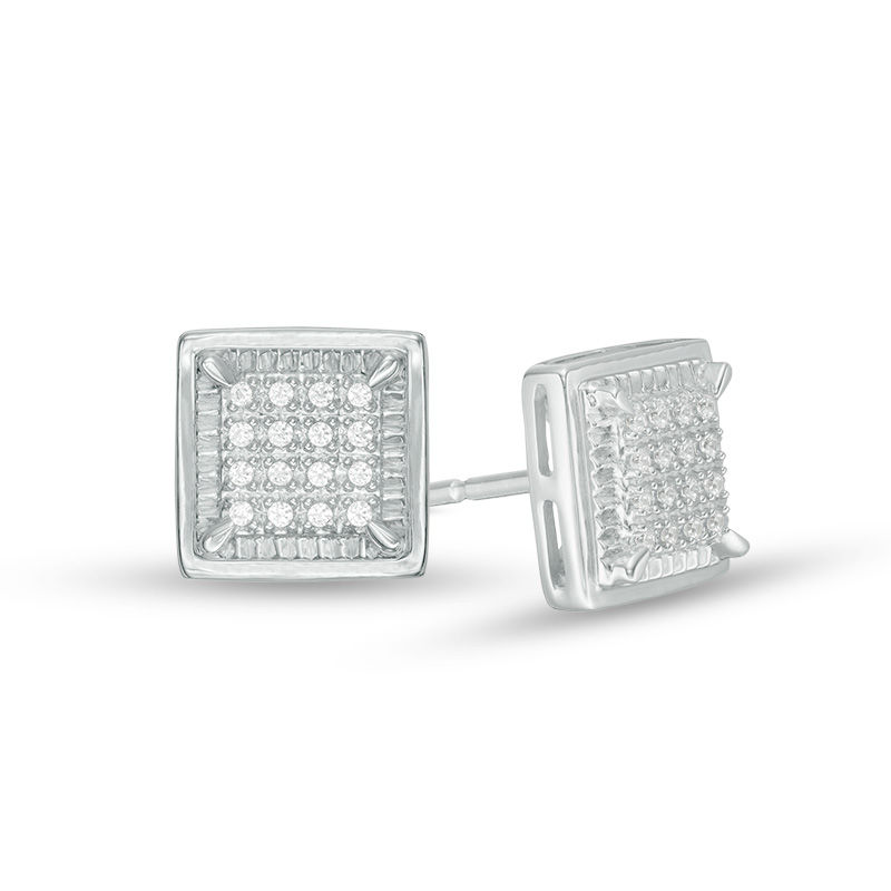 Men's 1/10 CT. T.W. Diamond Composite Textured Square Frame Stud Earrings in Sterling Silver