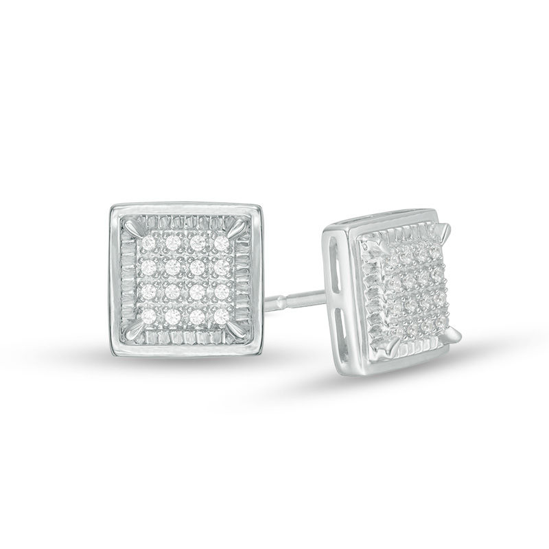 Main Image 1 of Men's 1/10 CT. T.W. Square-Shaped Multi-Diamond Textured Frame Stud Earrings in Sterling Silver