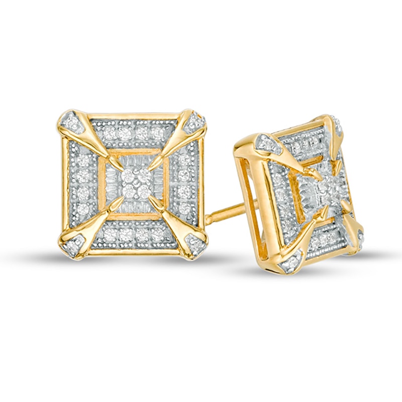 Main Image 1 of Men's 1/8 CT. T.W. Quad Diamond Vintage-Style Frame Stud Earrings in Sterling Silver with 14K Gold Plate