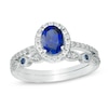 Thumbnail Image 1 of Oval Lab-Created Blue and White Sapphire Frame Vintage-Style Bridal Set in 10K White Gold