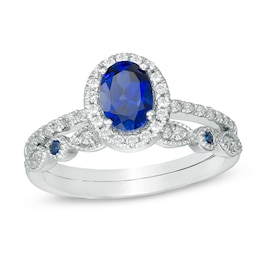 Oval Lab-Created Blue and White Sapphire Frame Vintage-Style Bridal Set in 10K White Gold