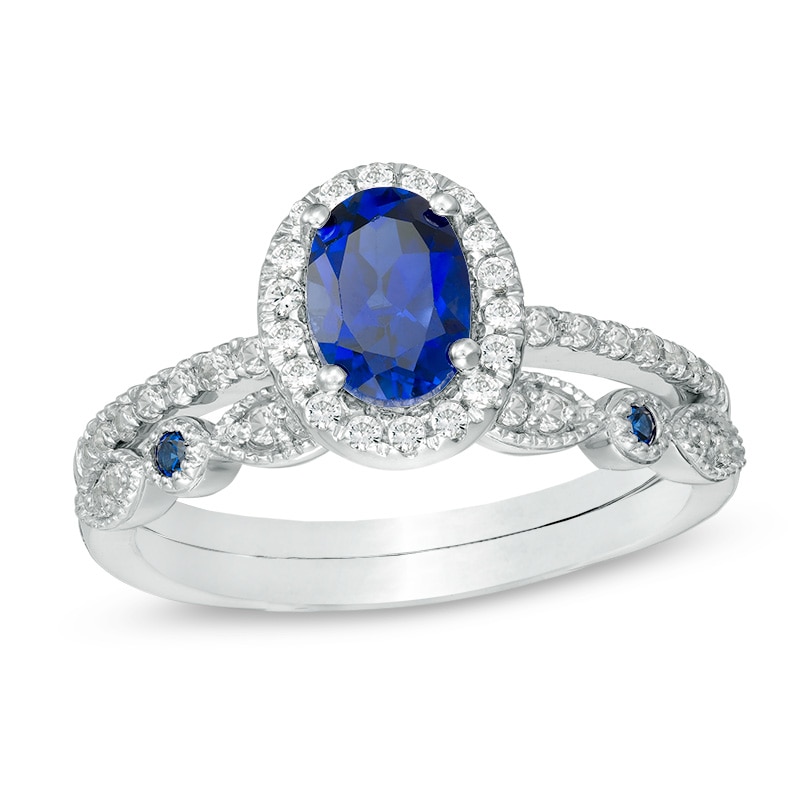 Main Image 1 of Oval Lab-Created Blue and White Sapphire Frame Vintage-Style Bridal Set in 10K White Gold