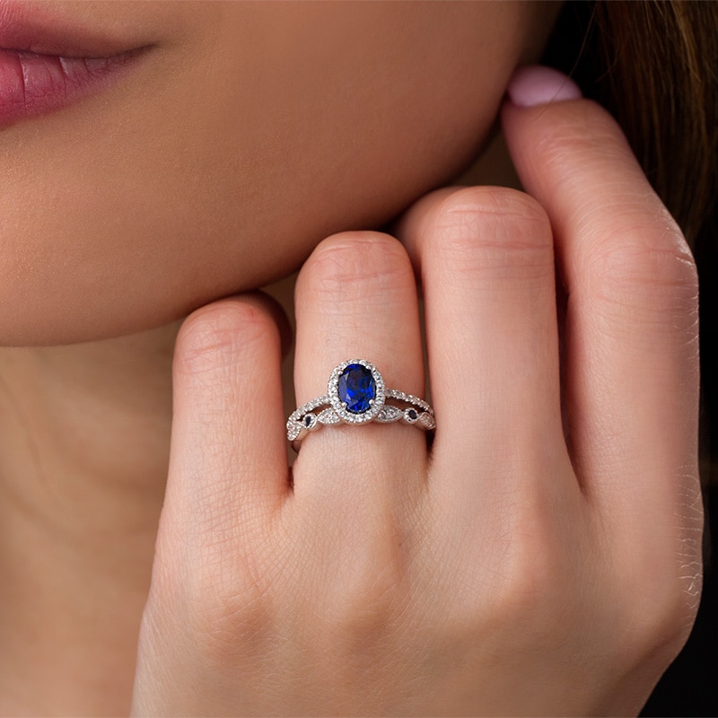 Main Image 3 of Oval Lab-Created Blue and White Sapphire Frame Vintage-Style Bridal Set in 10K White Gold